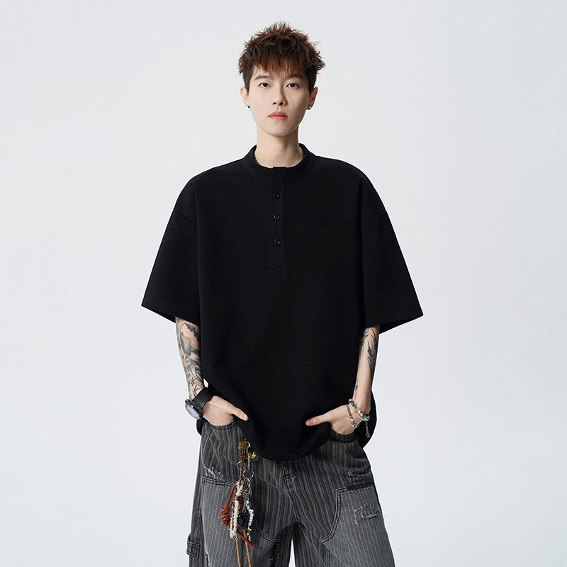 실사 2026 여름 새로운 하프 단추 반팔 티셔츠 남자 남자 바 면 반팔 루즈핏 다용도 잘 생긴 티셔츠