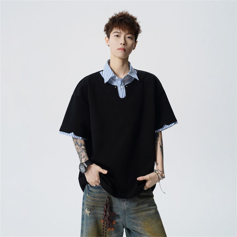 여름 새로운 반팔 POLO 셔츠 남자 남자 바 면 V넥 페이크 레이어드 반팔 블루 흰색 스트립 셔츠 칼라 무거운 루즈핏 t