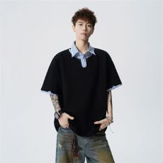 批发夏季新款短袖POLO衫男曼巴棉V领假两件短袖蓝白条衬衫领重磅宽松t
