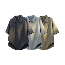 批发日系复古洗水纯棉短袖Polo衫男2026夏季宽松纯色百搭休闲翻领T恤