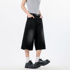 批发实拍2026夏季新款美式褶皱牛仔<b class='q'>七分裤</b>男<b class='q'>女</b>薄款潮牌宽松直筒阔腿<b class='q'>裤</b>