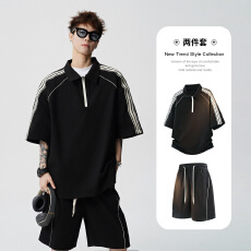 批发实拍<b class='q'>夏</b>季新款宽松翻领半拉链Polo衫两件套简约通勤百搭休闲套装