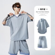 批发实拍<b class='q'>夏</b>季新款休闲运动套装男Polo衫+短裤两件套简约通勤百搭套装