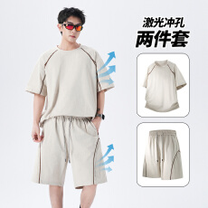 批发实拍<b class='q'>夏</b>季新款休闲运动套装男圆领T恤+短裤两件套简约通勤百搭套装