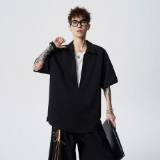 批发实拍夏季新款短袖衬衫男砂洗起泡弹力斜纹V领开衫假两件设计通勤t