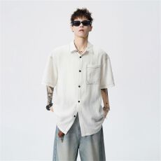 批发实拍夏季新款短袖t衬衫男莱赛尔亚麻天丝日系宽松纯色简约衬衣