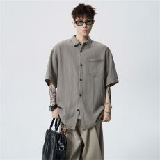 批发实拍新款短袖衬衫男莱赛尔亚麻天丝日系宽松<b class='q'>小清新</b>纯色简约衬衣