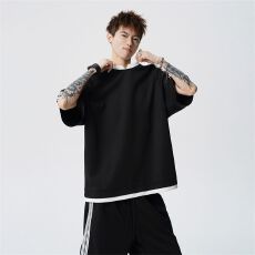 批发实拍<b class='q'>夏</b>季新款休闲套装男假两件短袖针织运动套装宽松透气一套搭配