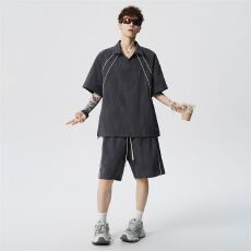 批发实拍<b class='q'>夏</b>季新款休闲套装男短袖运动套装宽松透气拼接短裤一套搭配