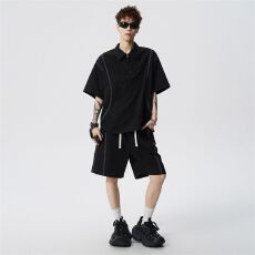 批发实拍<b class='q'>夏</b>季新款休闲套装男短袖新氧棉针织运动套装宽松透气拼接短裤
