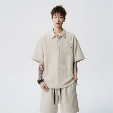 实拍夏季新款套装男莱赛尔棉麻面料简约休闲宽松运动冰感户外通勤