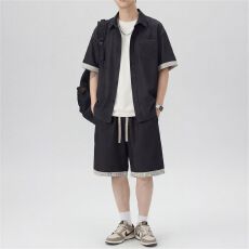 实拍夏季新款套装男斜纹仿牛仔科技面料撞色拼接宽松日系高街通勤