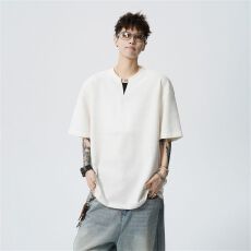 批发实拍夏季新款短袖T恤律动格面料210GV领<b class='q'>潮</b>流舒适宽松撞色拼接短袖