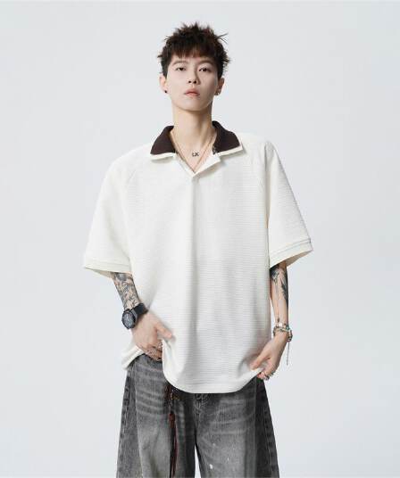 실사 여름 새로운 polo 반팔 티셔츠 율동 그리드 원단 210gv 칼라 트렌드 편안함 루즈핏 배색 패치워크