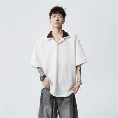 批发实拍夏季新款POLO短袖T恤律动格面料210GV领<b class='q'>潮</b>流舒适宽松撞色拼接