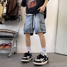批发夏季新款工装牛仔裤男立体口袋松紧腰橡筋宽松直筒美式百搭五分裤