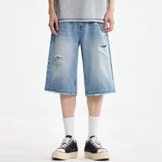 批发实拍夏季美式破洞牛仔短裤男宽松阔腿六分裤潮牌毛边休闲中裤薄款