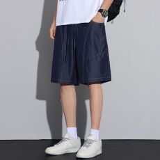批发实拍<b class='q'>夏</b>季新款垂感原牛五分裤丹宁全松紧牛仔直筒宽松休闲短裤男