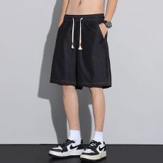 实拍夏季新款冰丝垂感原牛丹宁全松紧五分牛仔男直筒宽松短裤男