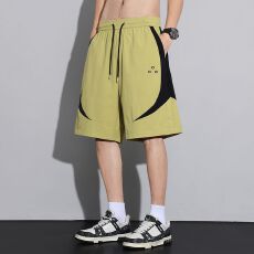 实拍夏季新款冰丝速干肌理感五分裤弹力撞色宽松直筒休闲短裤男