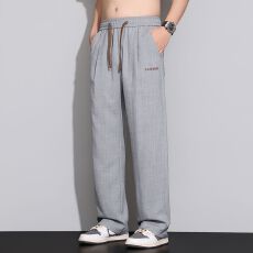 实拍夏季新款老钱风刺绣仿麻感双色肌理感宽松直筒冰丝休闲裤男