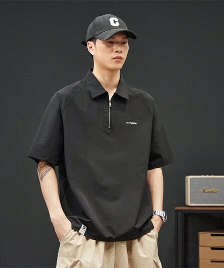 실사 여름 새로운 하프 지퍼 POLO 셔츠 남자 신축성 등산 천 편안함 다용도 루즈핏 폴로 칼라 티셔츠