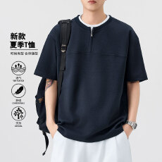 实拍夏季新款潮流假两件短袖T恤男宽松百搭半拉链设计弹力舒适t恤