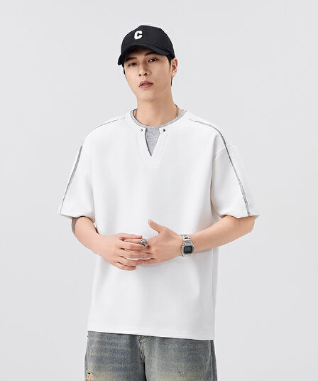실사 여름 새로운 트렌드 페이크 레이어드 반팔 티셔츠 남자 루즈핏 다용도 V넥 디자인 신축성 편안함 티셔츠