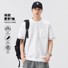 批发实拍夏季新款亨利领短袖<b class='q'>T</b><b class='q'>恤</b>男宽松百搭下摆螺纹设计潮流纯棉上衣