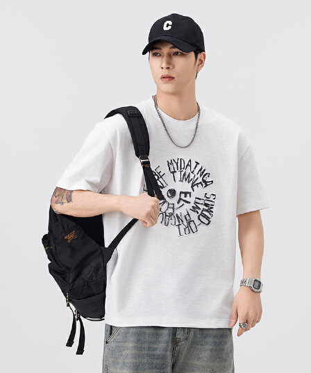 실사 여름 새로운 트렌드 대나무 마디 면 라운드 넥 반팔 티셔츠 남자 루즈핏 다용도 편안함 맨위