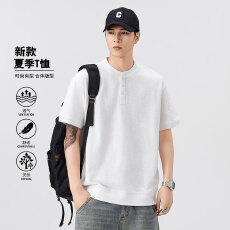 批发实拍夏季新款亨利领短袖T恤男宽松百搭半纽扣设计潮流纯棉上衣