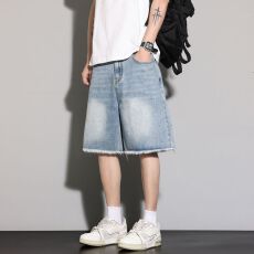 批发实拍美式潮牌毛边水洗牛仔<b class='q'>短裤</b><b class='q'>男</b>高街复古做旧休闲中裤五分裤