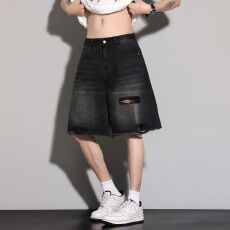 批发实拍美式复古破洞水洗牛仔<b class='q'>短裤</b><b class='q'>男</b>夏季潮牌宽松直筒阔腿五分裤