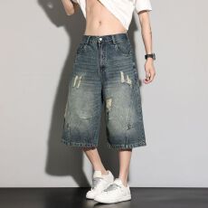 批发实拍美式复古破洞水洗牛仔<b class='q'>短裤</b><b class='q'>男</b>夏季潮牌宽松直筒阔腿七分牛仔裤