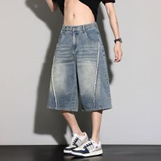 批发实拍美式复古设计感水洗牛仔<b class='q'>短裤</b><b class='q'>男</b>夏高街潮牌宽松直筒阔腿七分裤