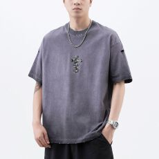 批发实拍美式重磅水洗做旧纯棉迷彩印花短袖宽松休闲大码T恤男女同款