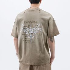 批发实拍美式潮牌破洞重磅纯棉洗水短袖T恤小众设计复古个性男女同款