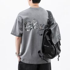 批发实拍复古高密针织宽松纯棉短袖印花T恤小众设计重磅个性男女同款