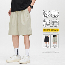批发实拍夏季新款冰丝速干刺绣短<b class='q'>裤</b>男<b class='q'>宽松</b>百搭松紧腰休闲运动五分<b class='q'>裤</b>