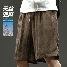 批发实拍夏季新款<b class='q'>亚麻</b>莱赛尔松紧腰抽绳短<b class='q'>裤</b>男士老钱风透气凉感五分<b class='q'>裤</b>