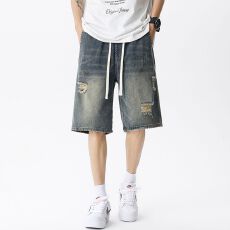 批发实拍<b class='q'>夏</b>季韩版松紧腰牛仔短裤男破洞宽松直筒潮牌五分休闲中裤