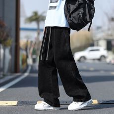 批发实拍秋季新款直筒宽松牛仔裤男橡筋松紧腰阔腿高街休闲裤
