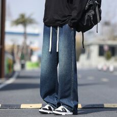 批发秋季新款牛仔裤男宽松直筒橡筋裤松紧腰水洗复古潮流拖地长裤子