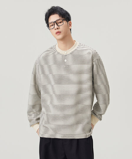 실사 2026 가을 겨울 새로운 핀 스트라이프 후드티 남자 루즈핏 편안함 긴팔 티셔츠 다용도 출퇴근 맨위