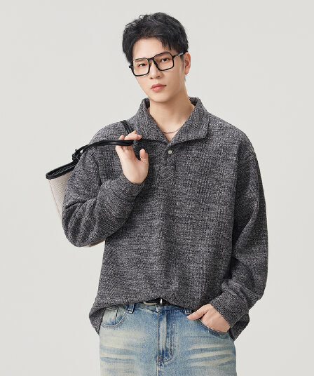 실사 2026 가을 겨울 새로운 무거운 폴로 칼라 하프 단추 후드티 남자 루즈핏 편안함 긴팔 다용도 출퇴근 맨위