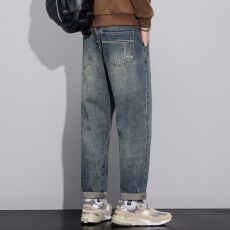 批发实拍秋<b class='q'>冬</b>新款美式复古宽松锥型简约潮流牛仔裤男百搭小直筒长裤