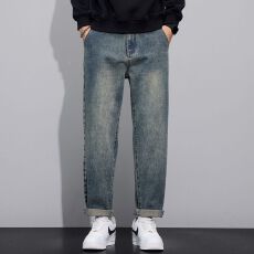 批发实拍秋<b class='q'>冬</b>新款美式复古潮牌微锥简约牛仔裤男百搭小直筒长裤