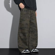 实拍秋冬新款水洗重磅纯棉美式迷彩休闲裤高街水洗弯刀宽松工装裤