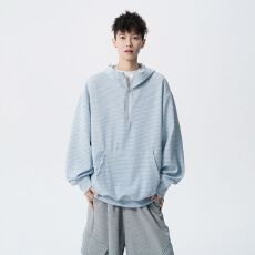 实拍2026秋冬新款条纹半拉链连帽卫衣男宽松百搭舒适简约通勤上衣