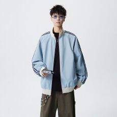 批发实拍秋冬季新款美式潮牌立领撞色条纹夹克外套男简约百搭通勤户外